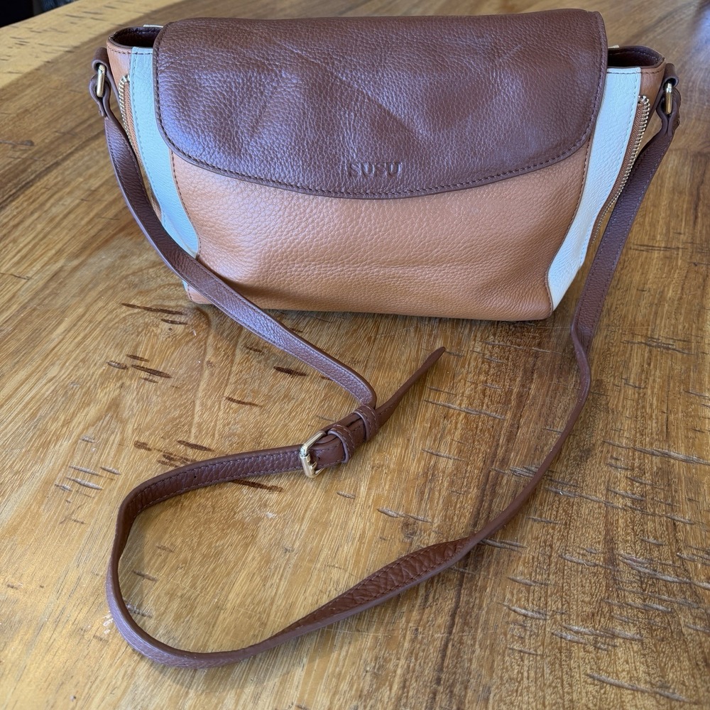 SUSU Luxury Leather Crossbody Bag 3-Tone Tan Brown Pebbled Flap Shoulder Purse